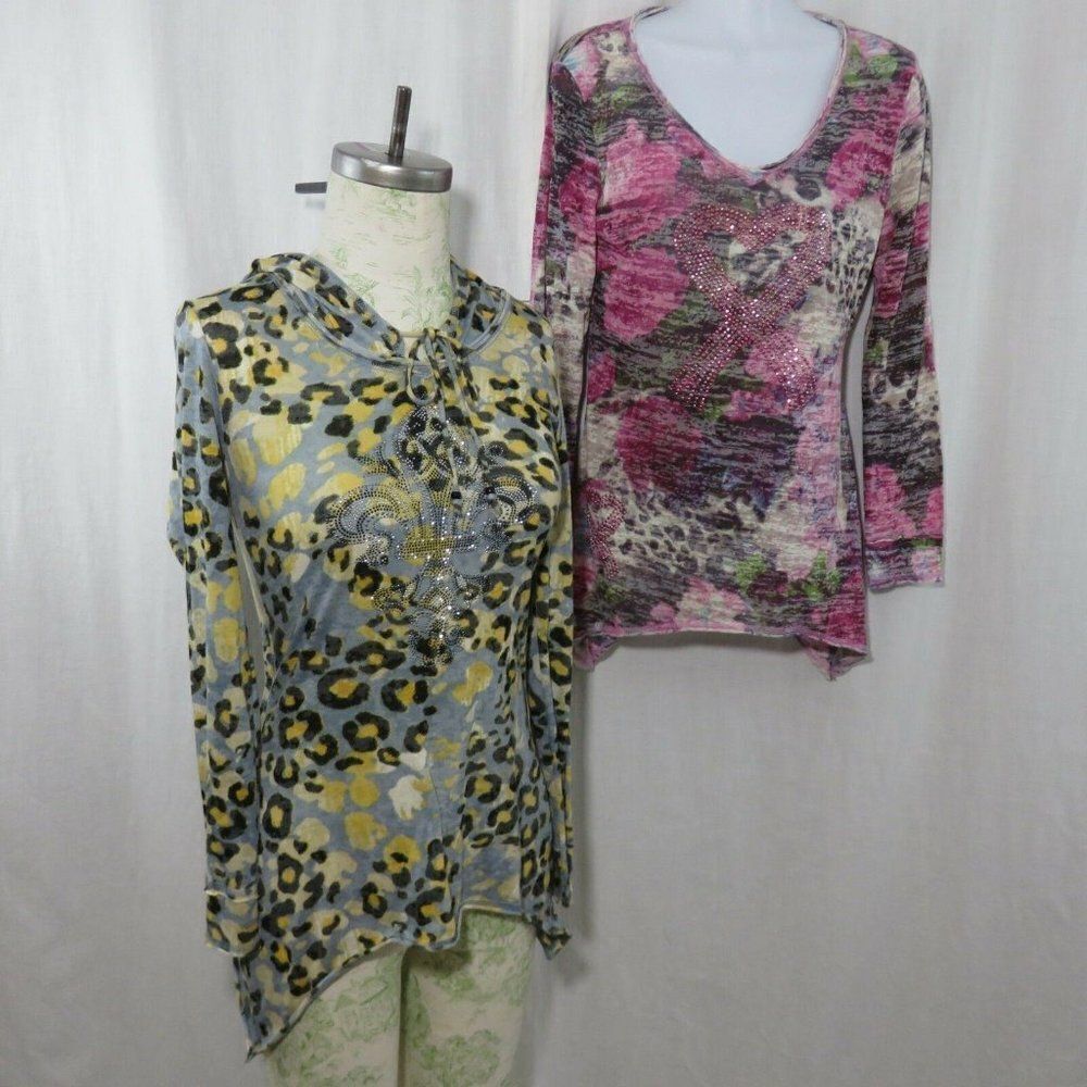 Cristina V M Hoodie Blinged Crystal Shirt Set of 2 Pink Ribbon Fleur De Lis